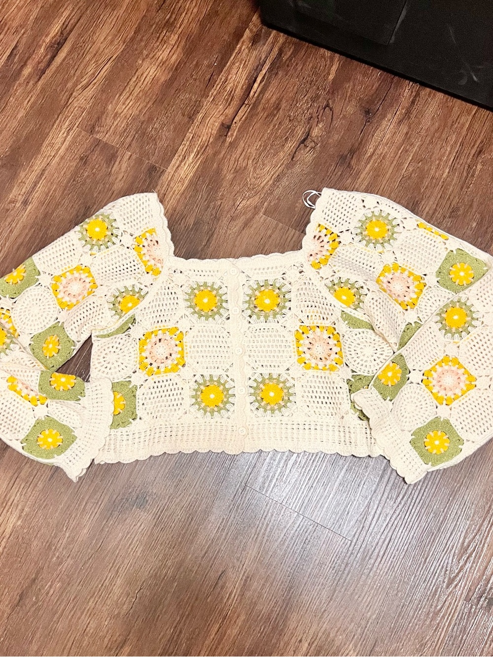 Sadie & Sage Cream Crochet Floral Openwork Top with Yellow Accents